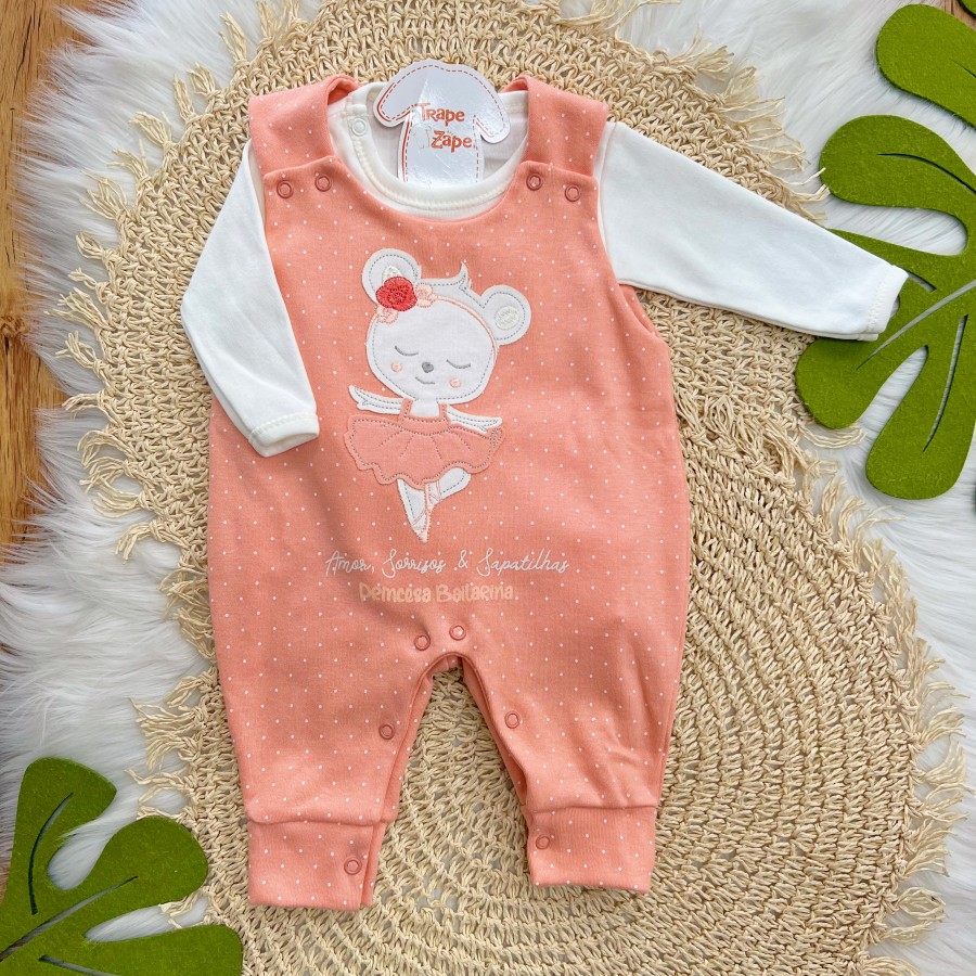 Conj. Body Manga Longa e Jardineira Suedine - Princesa Bailarina - Salmão e Off White